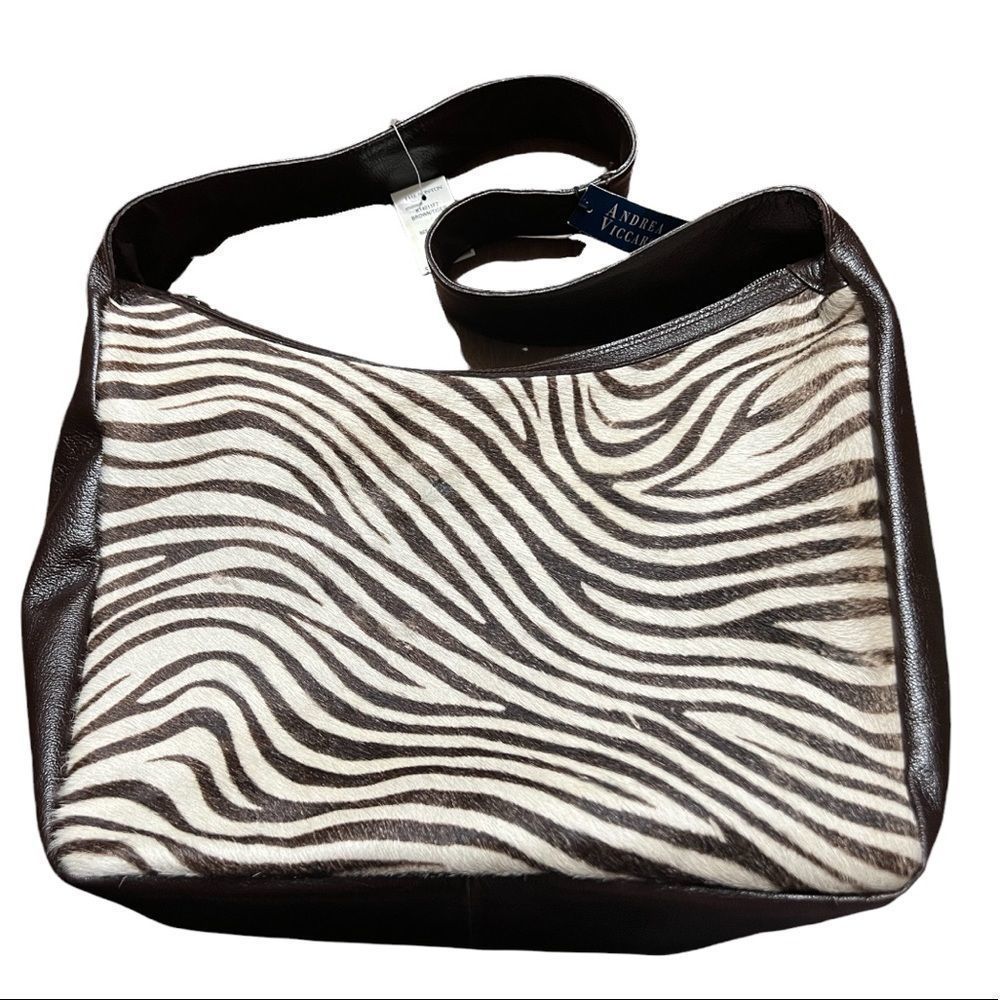 Andrea Viccaro Italy Zebra Calf Hair Tote Bag NWT Genuine Leather 13” BrownWhite